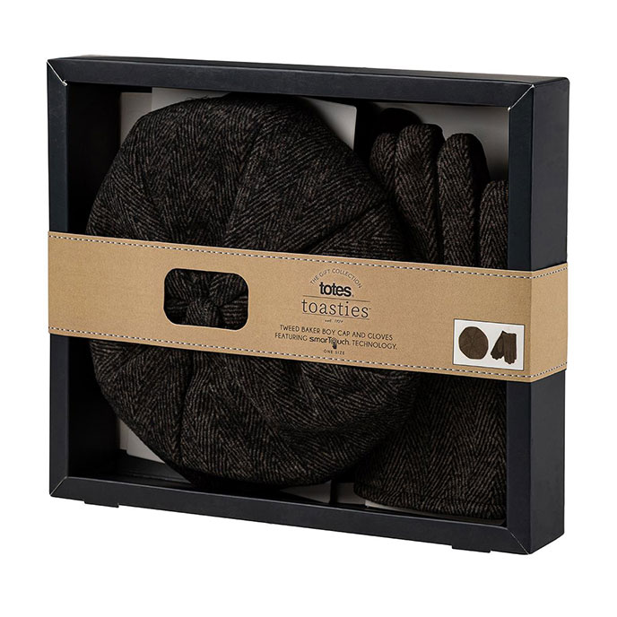 totes Mens Baker Boy Tweed Cap and Gloves with Suede Palm Gift Set Black Extra Image 2